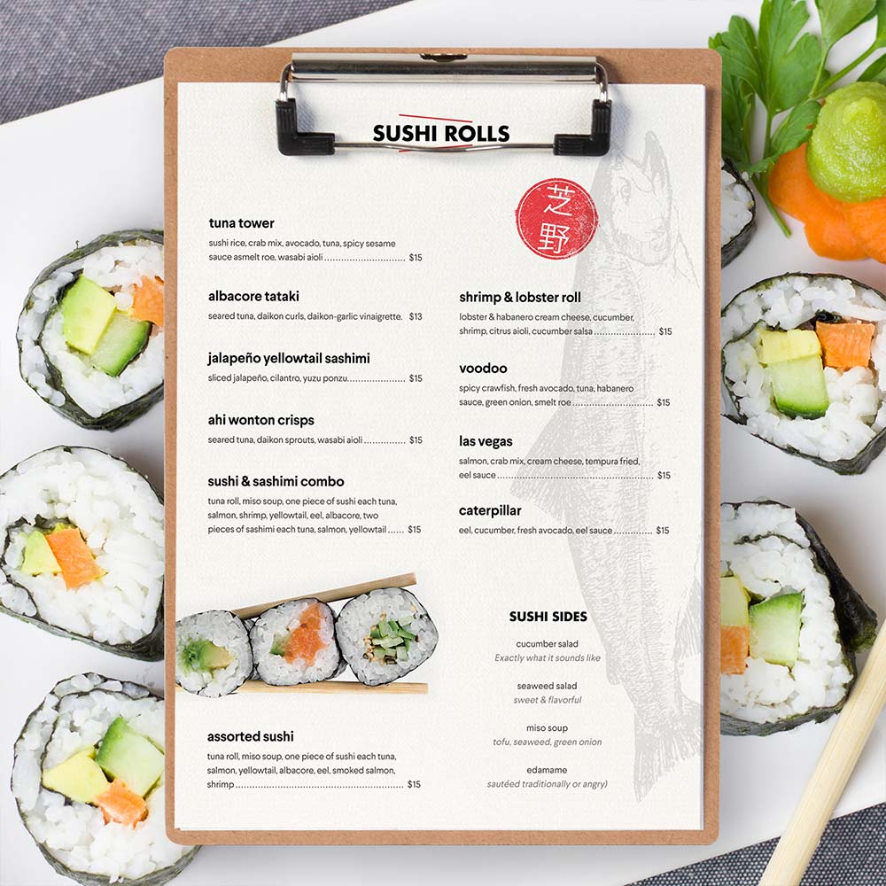 Promotional Materials Sushi Restaurant Menu Unlimited Graphic Design Service