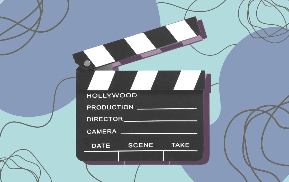 Hollywood clapperboard with production, director, camera, date, scene, and take