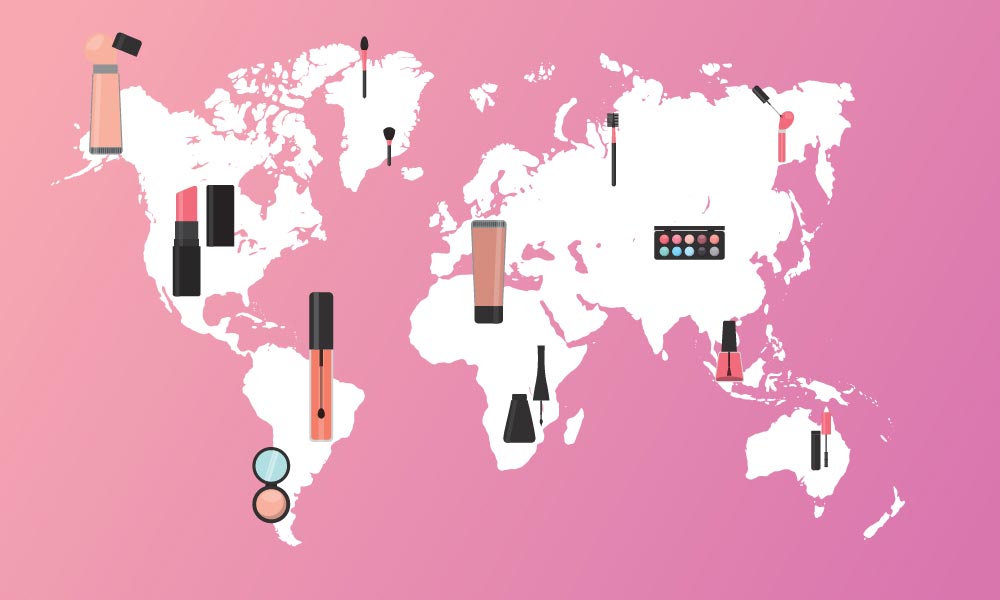 illustration of cosmetic products and map
