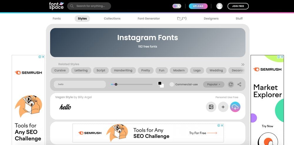 page to get fonts for instagram