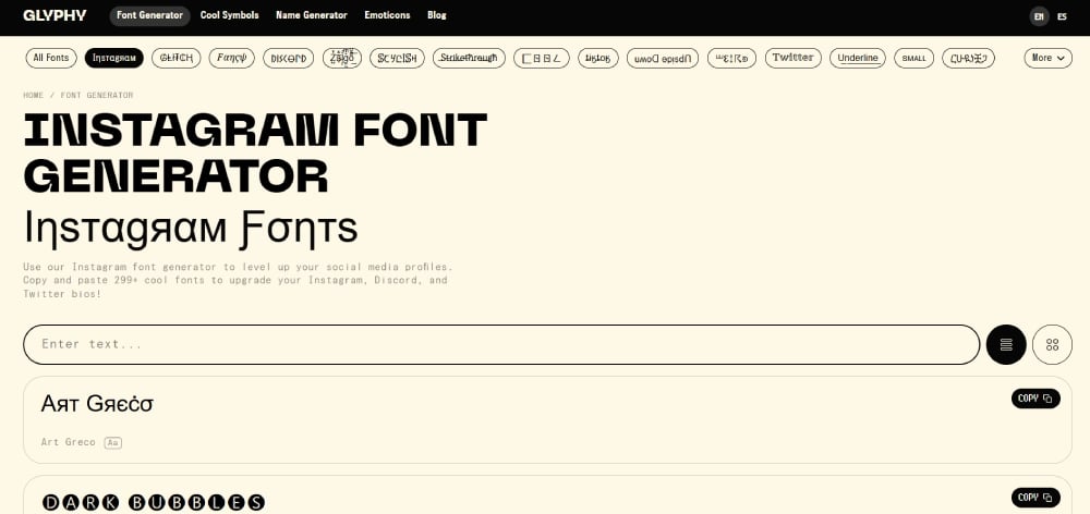 page to get fonts for instagram