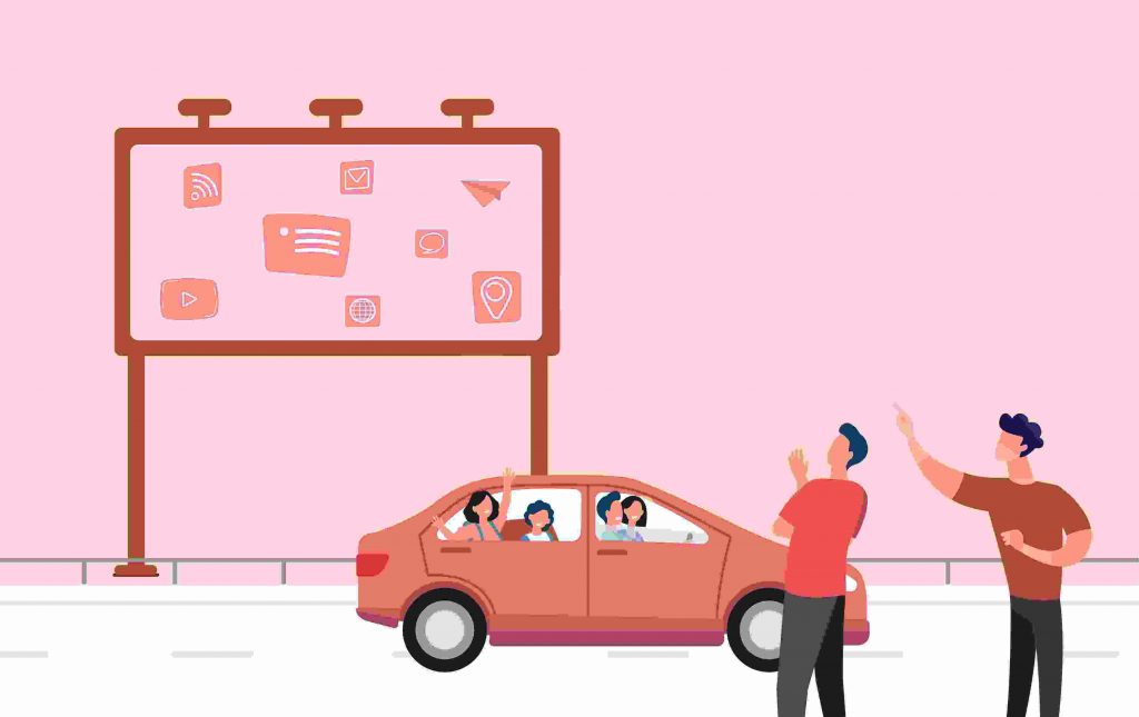 commuters and pedestrians looking at a billboard