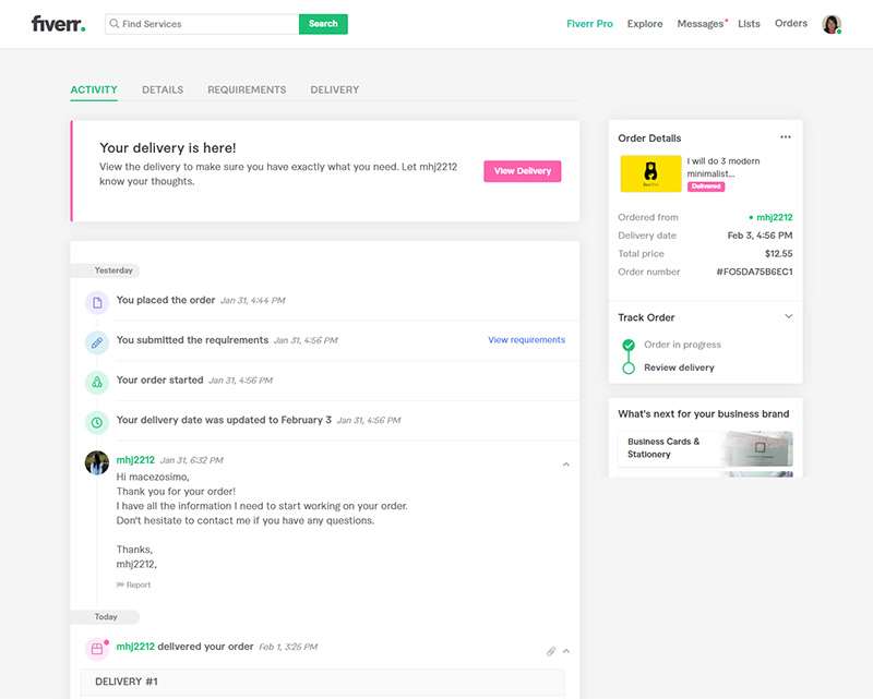 Fiverr web page