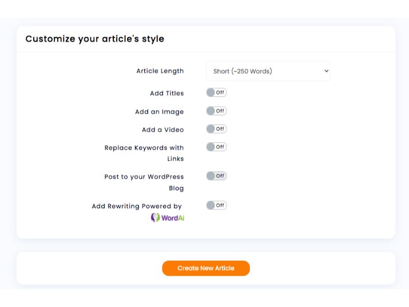 Screenshot of Article Forge. Customize your article's style.