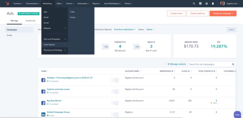 HubSpot marketing tools UI