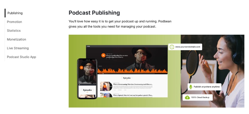 Podbean podcast publishing review features page