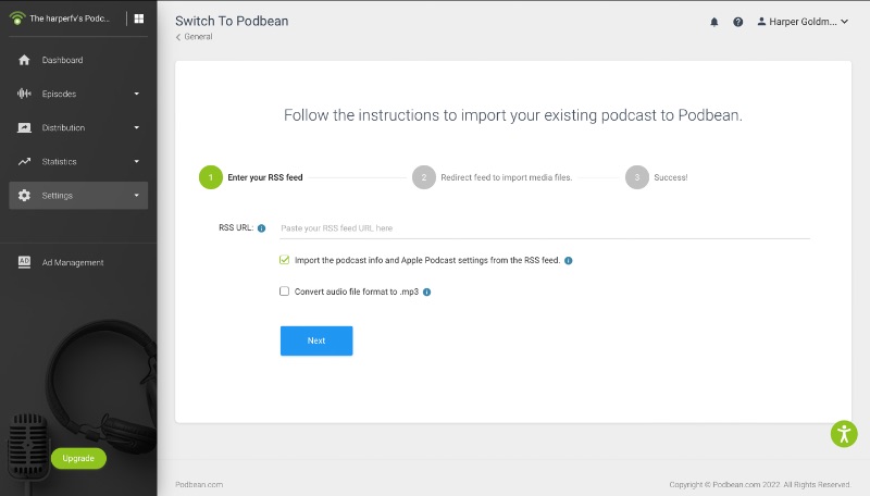 Import existing podcast screenshot