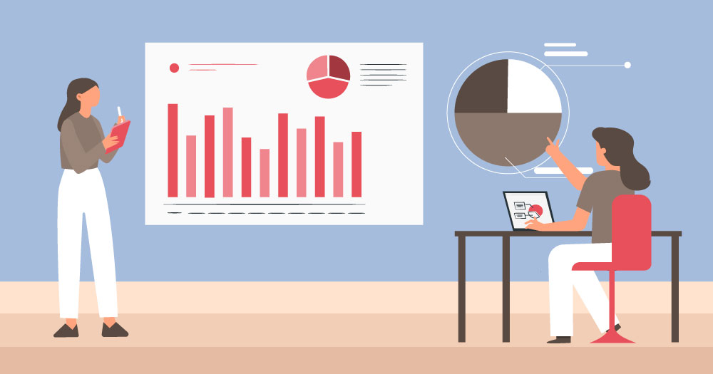 illustration of people looking at graphs