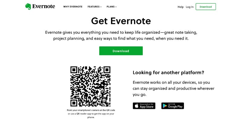 Evernote app download page screenshot