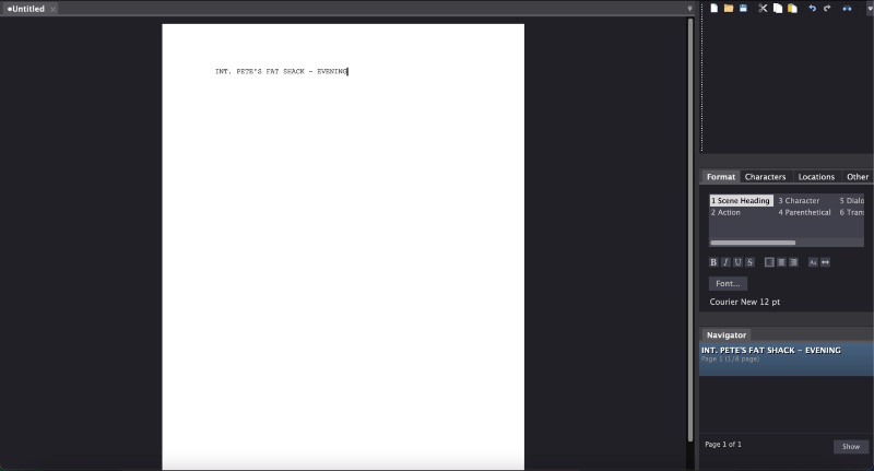 Blank page in Fade In free screenwriting software