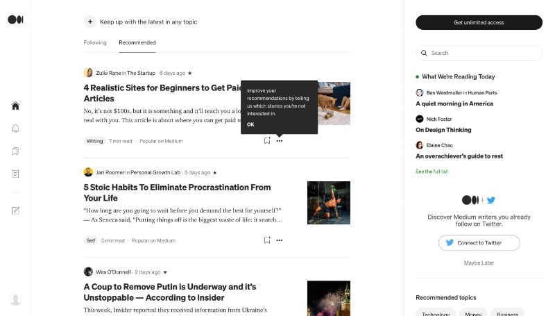 Screenshot of Medium home feed with pop up for improving recommendations