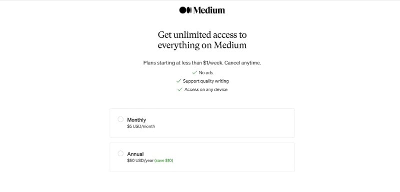 Pop up on Medium to sign up for unlimited access payment plan