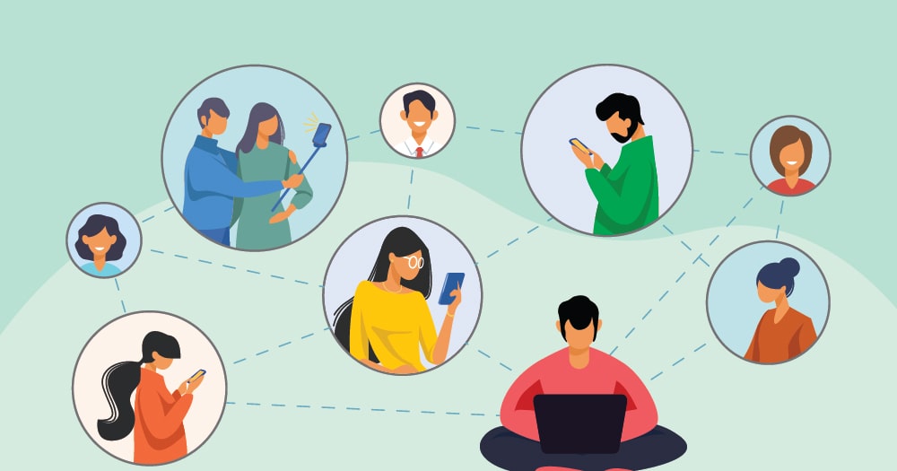 illustration of people connecting through phones and computers