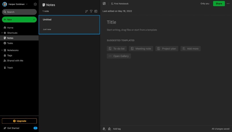 Blank note screenshot in Evernote