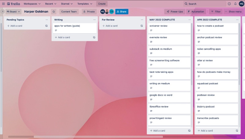 Writer's Trello board with sections for pending, current, and completed assignments