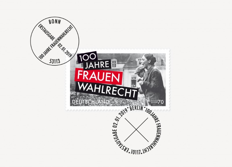 German stamp design commemorating 100 years of women's suffrage, created by Brighten the Corners