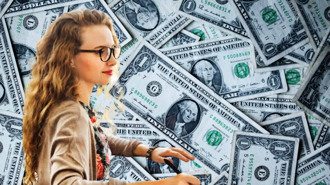 a woman with money