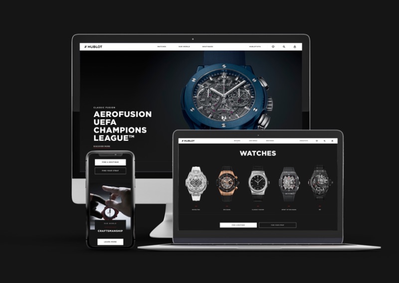 Website redesign for Hublot on desktop, laptop and mobile, created by Huge graphic design firm