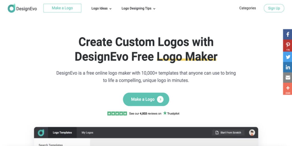 Captura de pantalla del sitio web del creador de logotipos DesignEvo