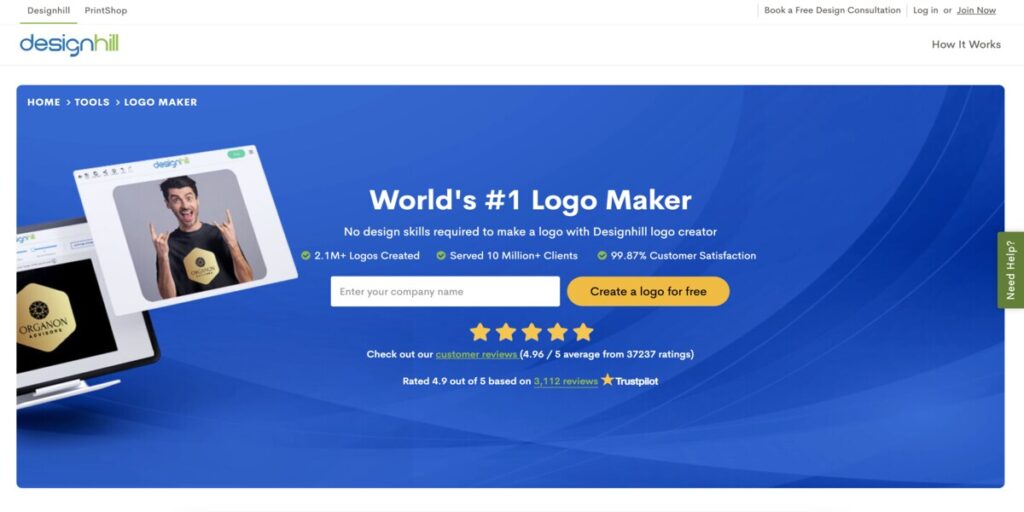 Aplicación de diseño de marca Designhill AI - Mejores IA para crear logotipos