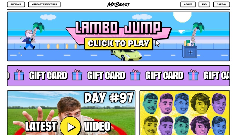 Diseño web de tendencia retro MrBeast con pixel art