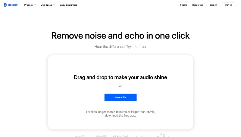 Screenshot of Descript noise removal landing page