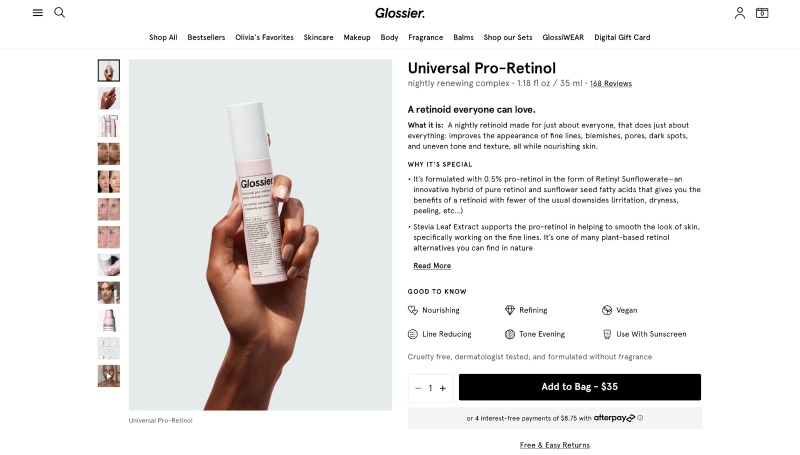 Glossier product page for Universal Pro-Retinol