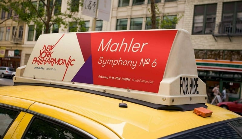 New York Philharmonic ad on a taxi by MetaDesign graphic design firm