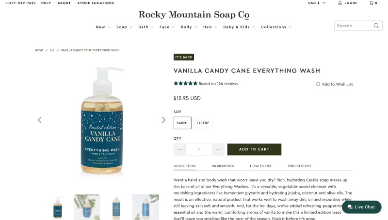 Rocky Mountain Soap product page for Vanilla Candy Cane soap