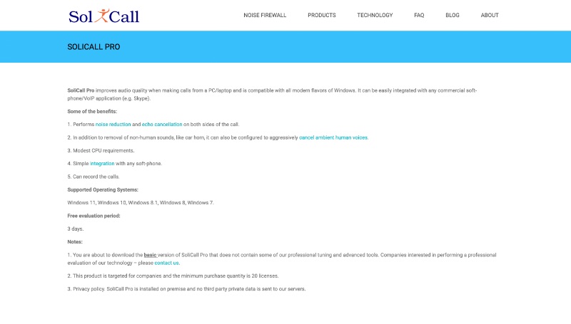 Solicall website page describing Pro noise canceling app features