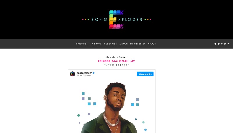 Song Exploder home page featuring most recent episode with Omah Lay