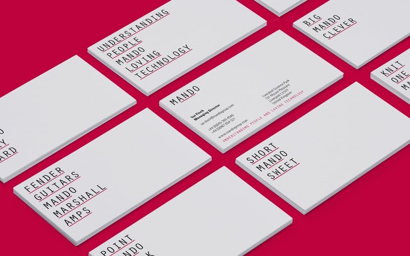 Simple business cards by The Chase graphic design firm on a red background