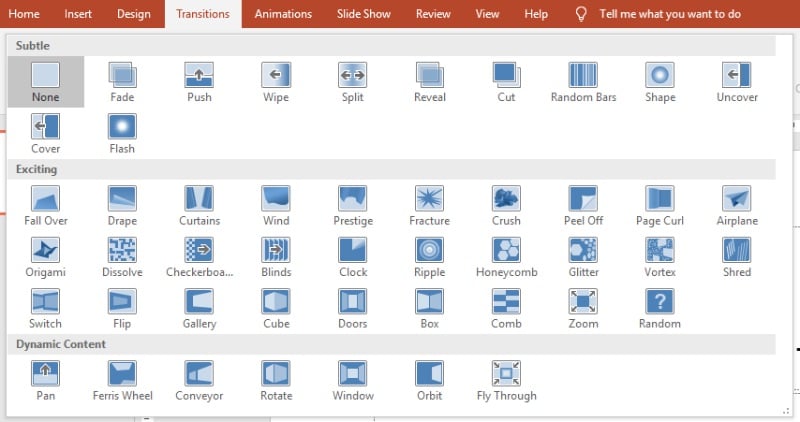 Presentation animation options menu in PowerPoint