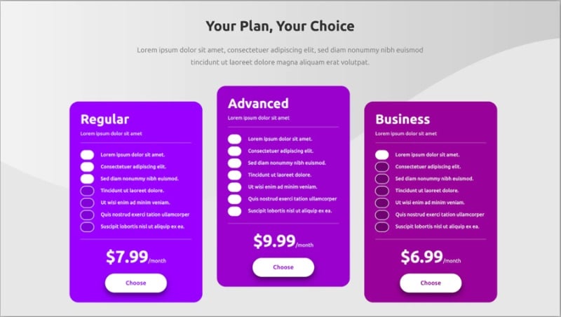 A pricing page design using a monochromatic purple color palette