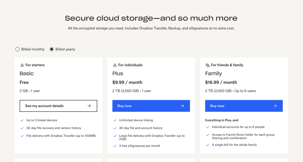 Dropbox SaaS pricing page including their free Basic plan