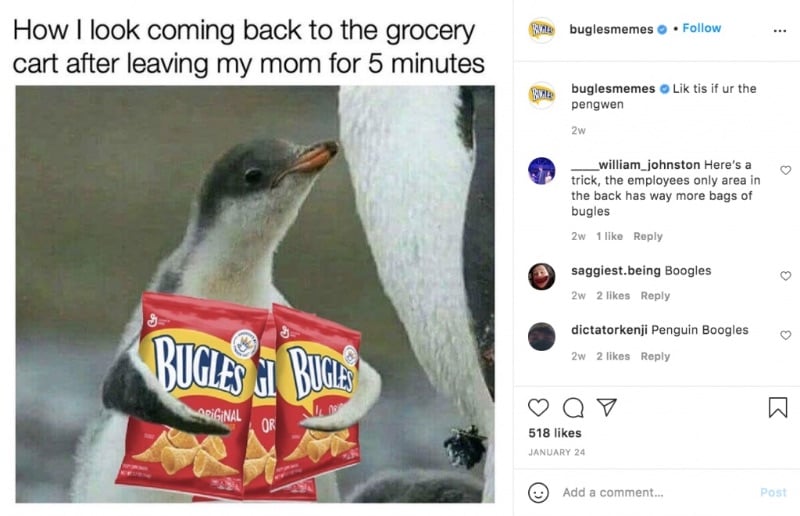 Penguin meme from Bugles branded memes Instagram