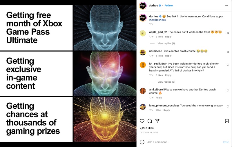 Doritos branded meme from Instagram for Xbox partnership