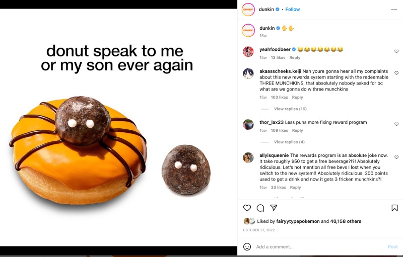 Dunkin Instagram post advertising seasonal donuts with text "donut speak to me or my son ever again"