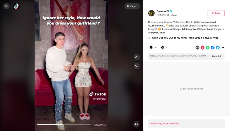 Forever 21 TikTok screenshot featuring viral fashion trend