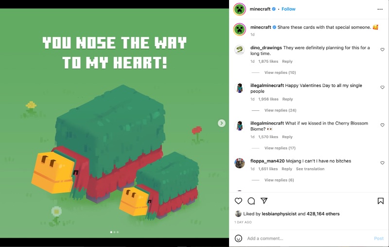 Minecraft Valentine's Day branded memes from Instagram