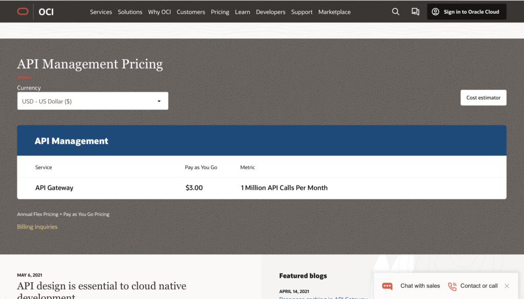 Oracle API management pricing page