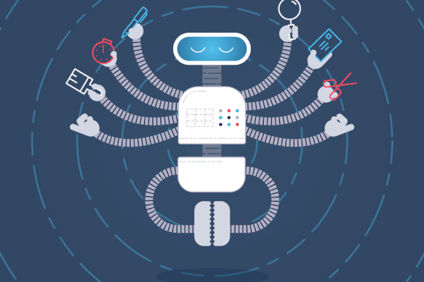 GIF of a meditating robot with multiple arms holding different tools