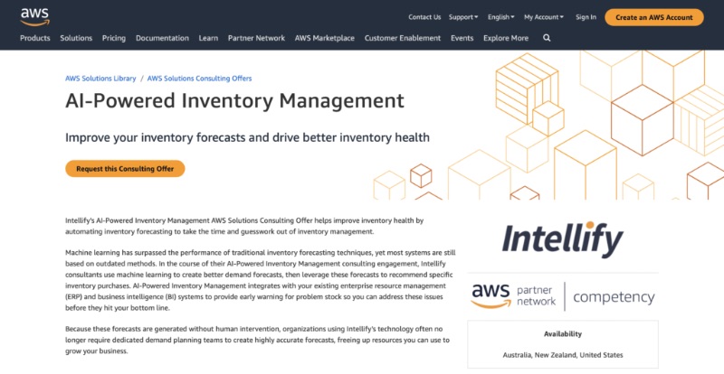 Amazon AWS inventory management website screenshot