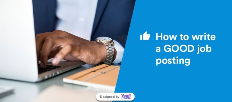 Graphic reading "how to write a good job posting" next to a stock image of someone typing on a laptop