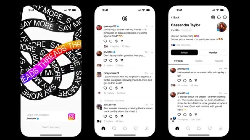 Screenshots of the home, feed, and profile pages on the app