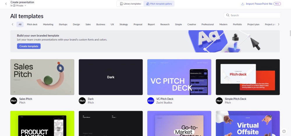 pitch template dashboard ui