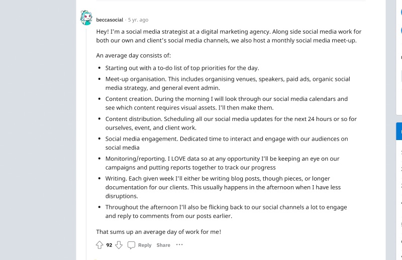 Example of a social media marketer's daily schedule from Reddit