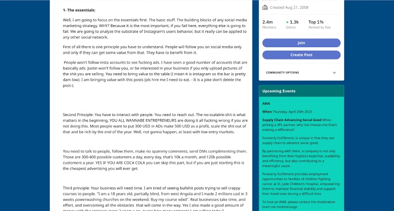 Screenshot of a social media marketing Reddit guide