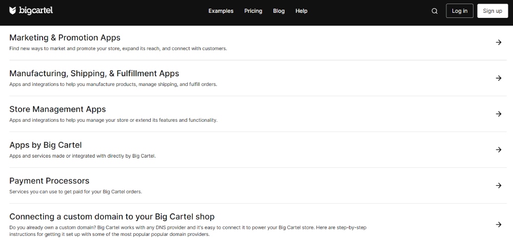 big cartel apps page