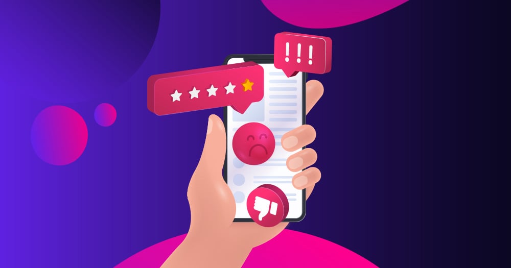 illustrated holding a phone leaving a review